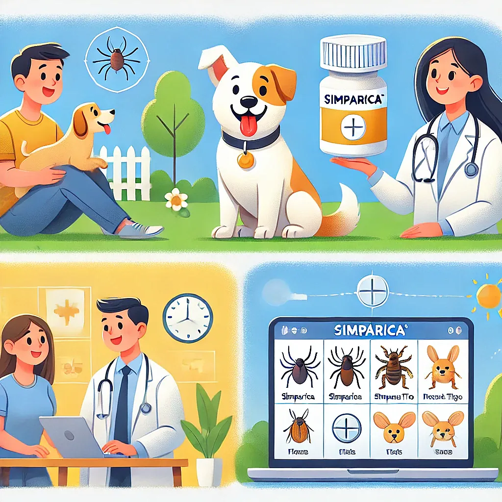 Here are the alt text, title, caption, and description for the provided image:
Alt Text: "Four illustrations promoting Simparica for pets. The first shows a man with his dog outdoors with a spider and tick above them, and a veterinarian holding a Simparica bottle. The second depicts a vet consultation with a woman and a vet looking at a laptop in a clinic. The third shows a digital screen listing various pests like fleas, ticks, and mites, with Simparica as the solution. The fourth is a continuation of the digital screen showing more pests and the Simparica logo.