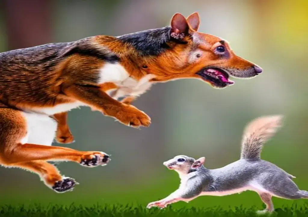 A dog is chasing a squirrel