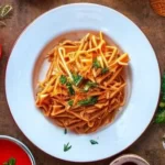 A plate of creamy cassava pasta with cherry tomatoes, fresh basil leaves and grated parmesan cheese. The pasta is cooked to perfection and served in a white ceramic dish