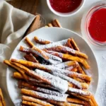 A plate of delicious looking Cinnamon French Toast Sticks, golden brown and crispy on the outside, and soft on the inside. The sticks are dusted with powdered sugar and a drizzle of syrup is on top. Perfect for breakfast or brunch