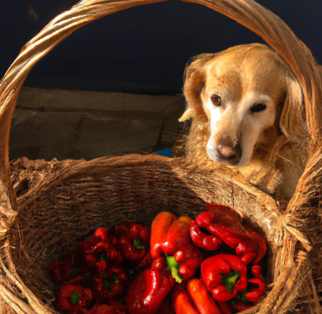 A golden retriever dog sits next to a wicker basket filled with ripe pepperoncini peppers. The dog looks curious and interested in the peppers