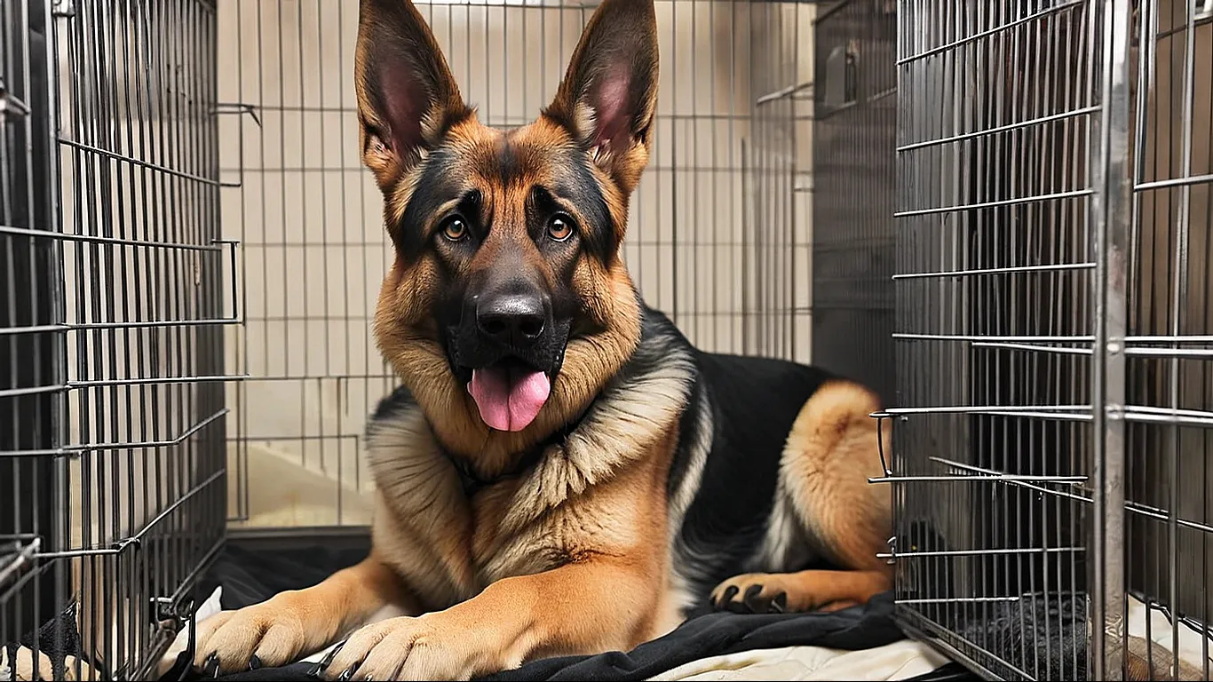 a german shepherd dog inside the crate