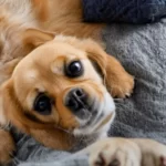 a dog is resting after throwing un ingested cold food