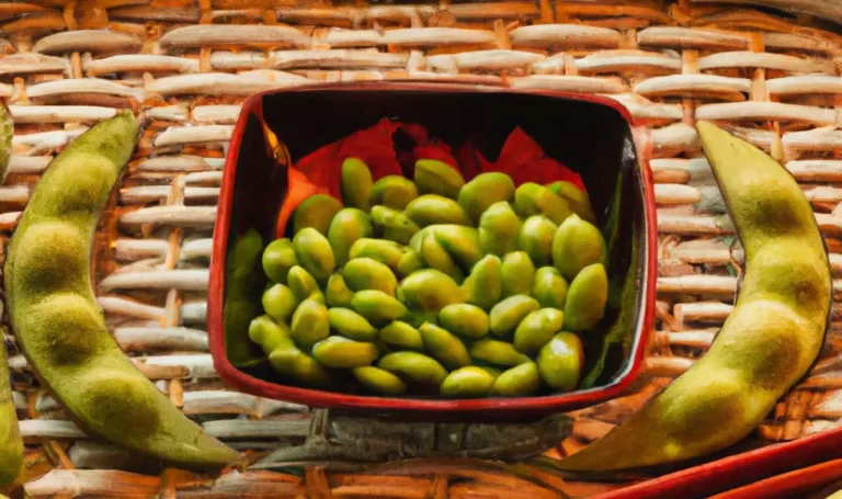 A still life setting featuring a collection of fresh and vibrant edamame pods arranged in a visually appealing manner. The edamame pods are in various shades of green and have a smooth, glossy texture. The image captures the natural colors, textures, and patterns in the edamame pods, and the play of light and shadow adds depth and interest to the image. The overall look of the image is fresh and healthy, evoking the delicious taste of edamame