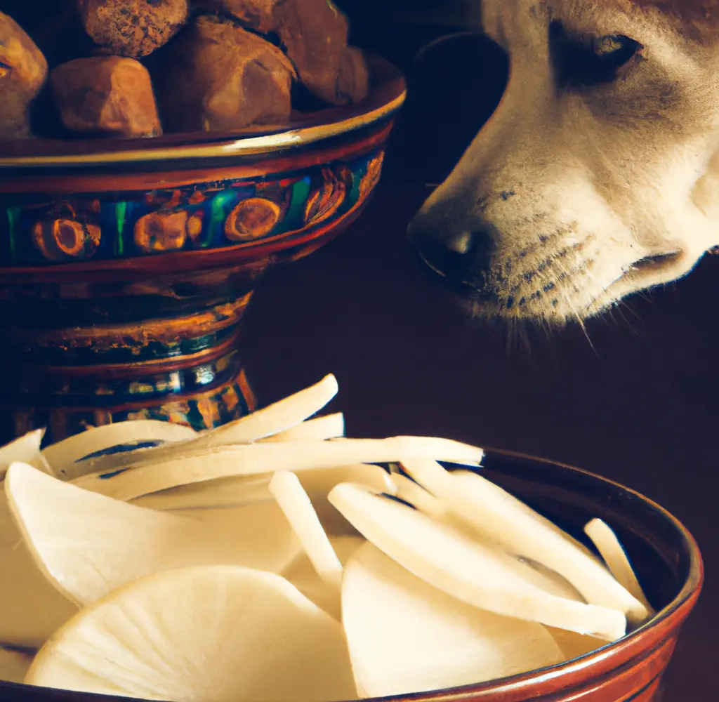 A dog is staring at jicama which is also known as mexican yam and mexican turnip