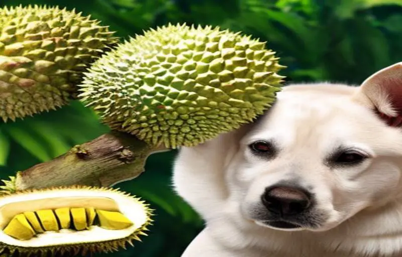a dog and durian fruits