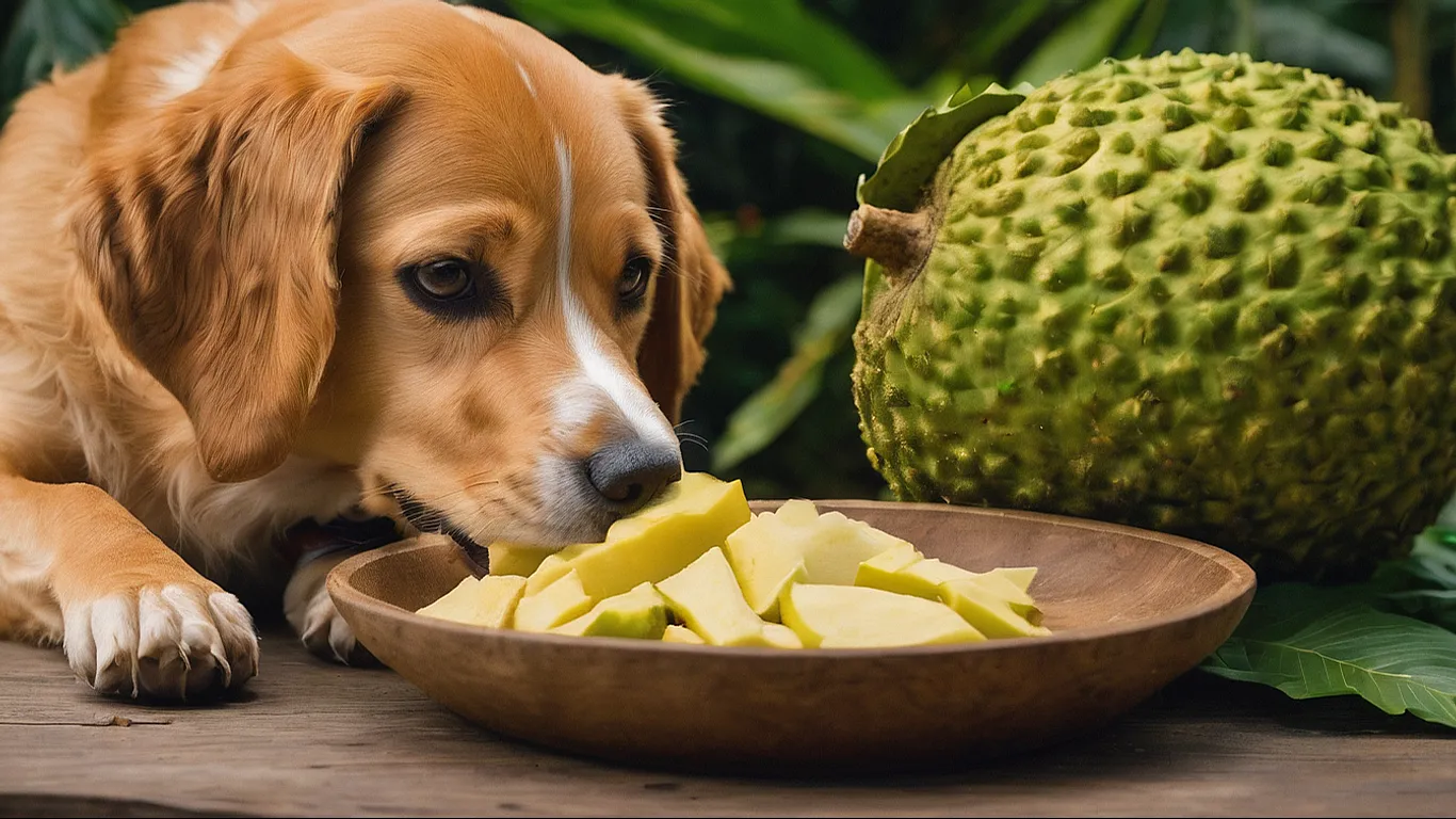 a dog is eating breadfruits