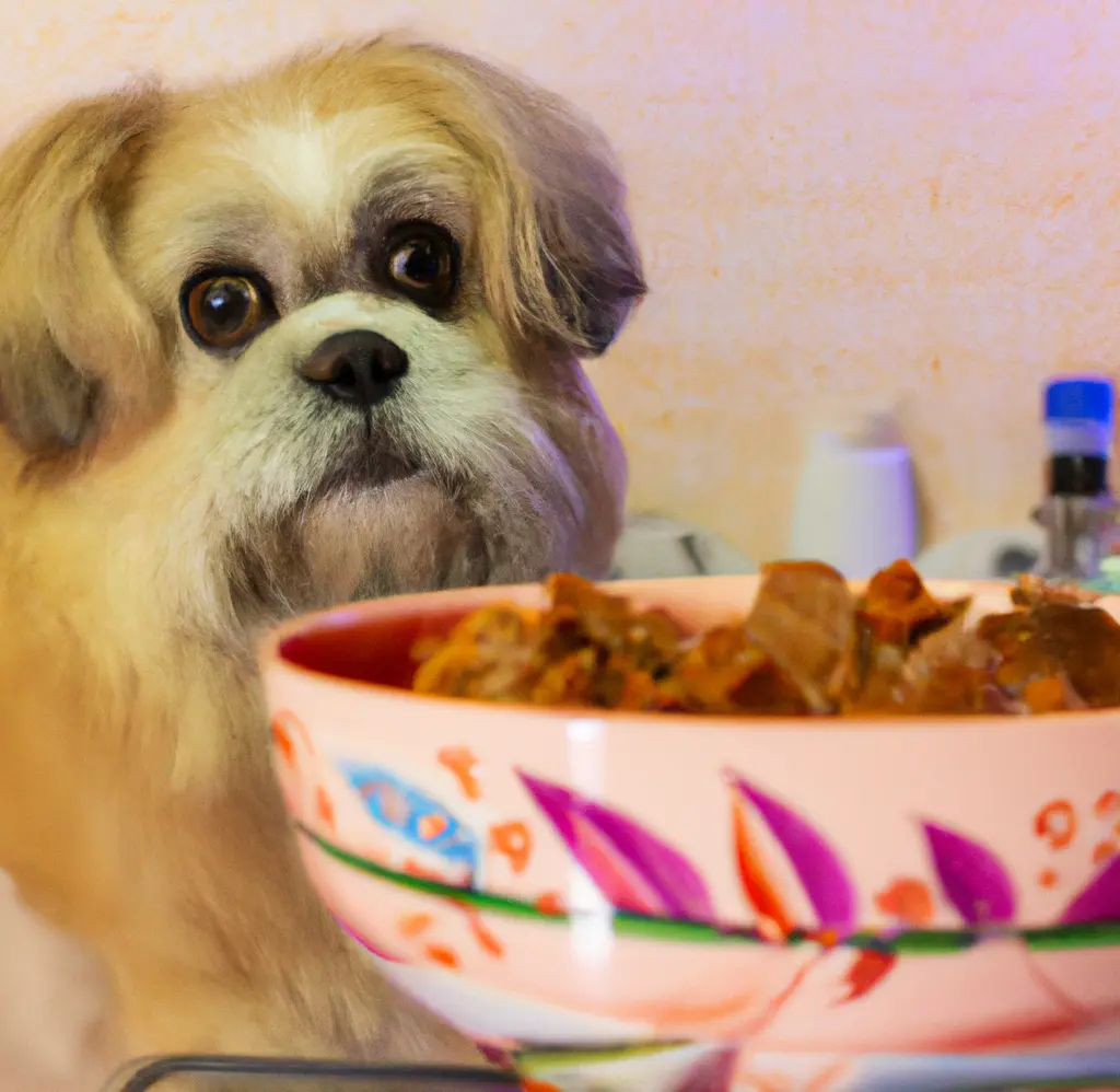 A-dog-is-staring-at-duck-meat-in-a-bowl