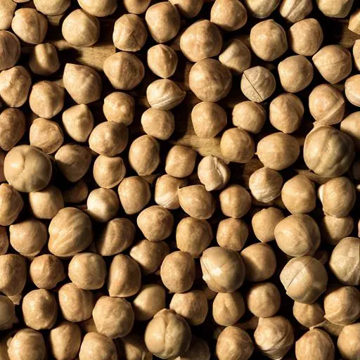 An overhead shot of a bountiful harvest of macadamia nuts in their natural state arranged in an aesthetically pleasing manner. The nuts are in their shells and are surrounded by green leaves. The image captures the natural textures and patterns in the shells and leaves, with some of the shells open to reveal the nuts inside. The earthy tones add to the rich and natural feel of the image, which conveys the abundant and slightly sweet taste of macadamia nuts