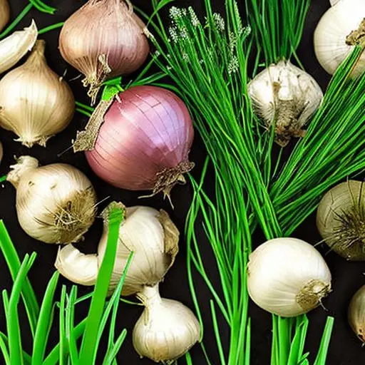 An image freshly harvested onions, garlic bulbs, and chives growing in a lush vegetable garden. Include close-up shots of each individual plant as well as a wider shot showing all three ingredients growing together