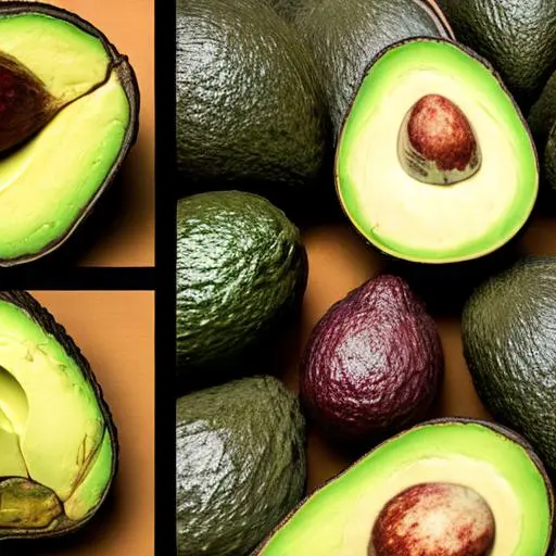 A still life setting featuring a collection of ripe and enticing avocados in various stages of ripeness. The avocados are arranged on a table and some of them are cut open to reveal their creamy interiors. The image captures the natural colors, textures, and patterns in the avocado skins, and the play of light and shadow adds depth and interest to the image. The overall look of the image is fresh and nourishing, evoking the rich taste of avocados