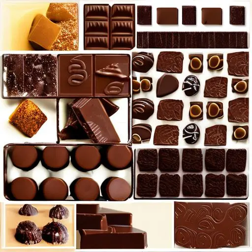 An overhead shot of an assortment of chocolate treats arranged on a platter or in a box. The chocolates come in different shapes, sizes, and colors, including dark, milk, and white chocolate. Some of the chocolates are coated in nuts, sprinkles, or dried fruit. The image captures the rich and indulgent nature of chocolate, with the smooth shiny surfaces and melted chocolate adding a sense of decadence