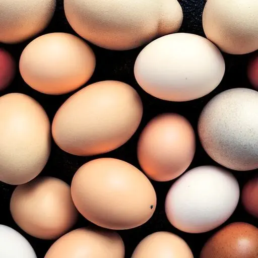 An overhead shot of raw eggs in different sizes and colors arranged in a visually appealing manner. The eggs are white, brown, and speckled and are placed on a light colored surface. Some of the eggs are standing upright, while others are lying on their sides. Shadows can be seen on the surface and the texture of the eggshells is visible. The image captures the natural beauty and simplicity of raw eggs