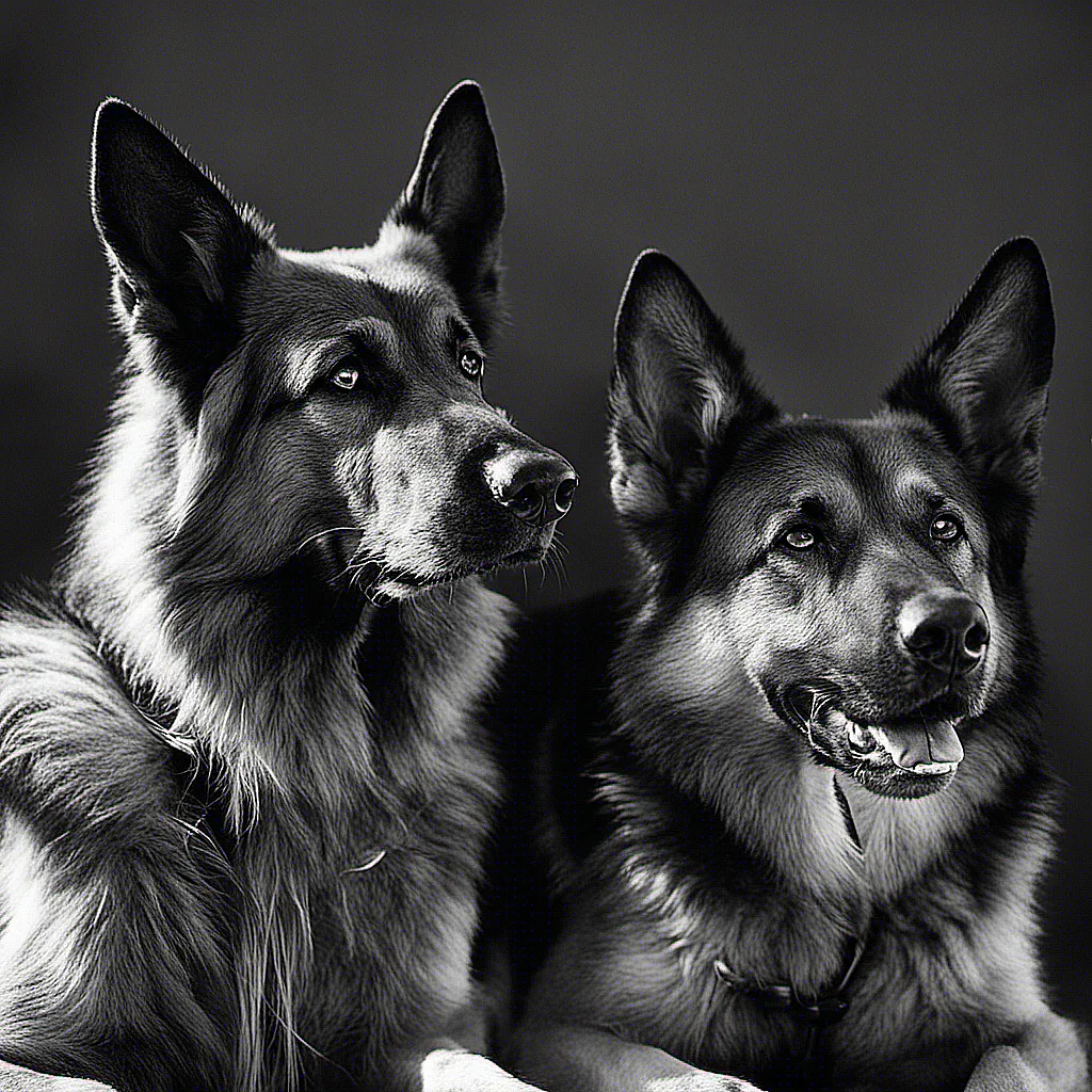 East European Shepherd and German Shepherd black and white photo