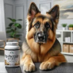 A German Shepherd dog sitting at a table with a Pro-Pectalin supplement container in a modern home setting