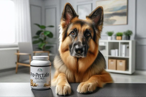 A German Shepherd dog sitting at a table with a Pro-Pectalin supplement container in a modern home setting