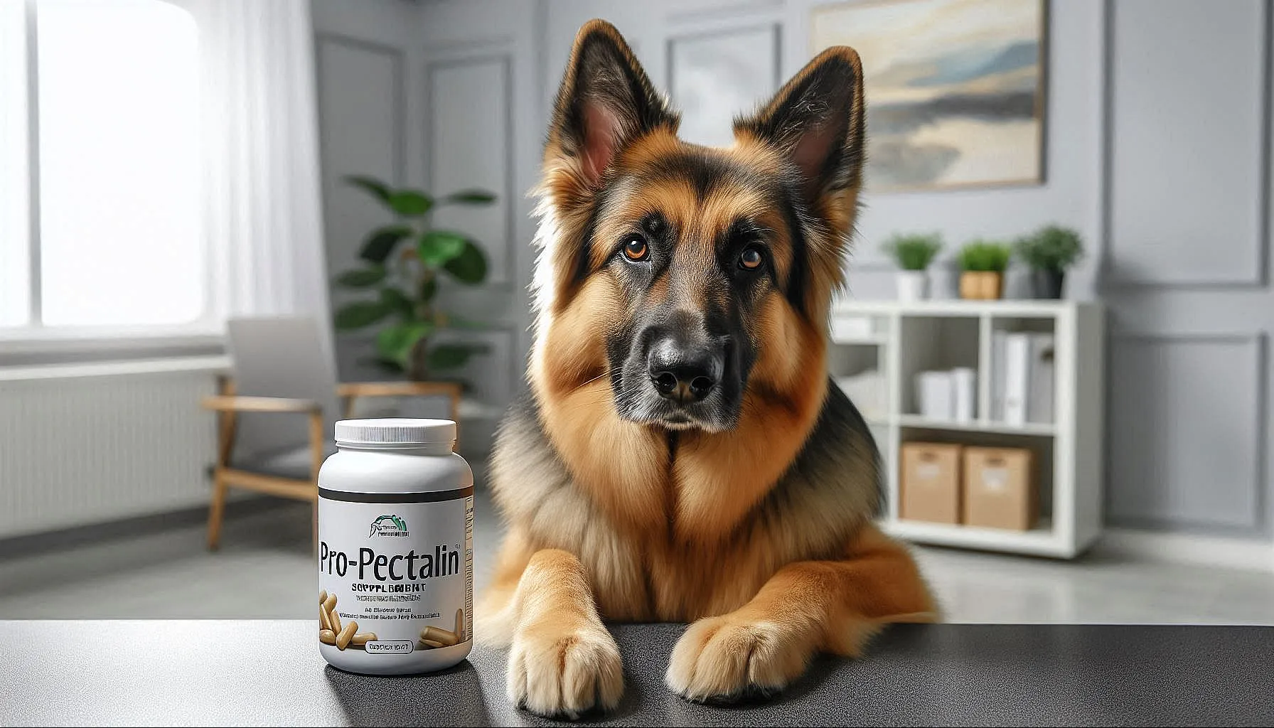 A German Shepherd dog sitting at a table with a Pro-Pectalin supplement container in a modern home setting