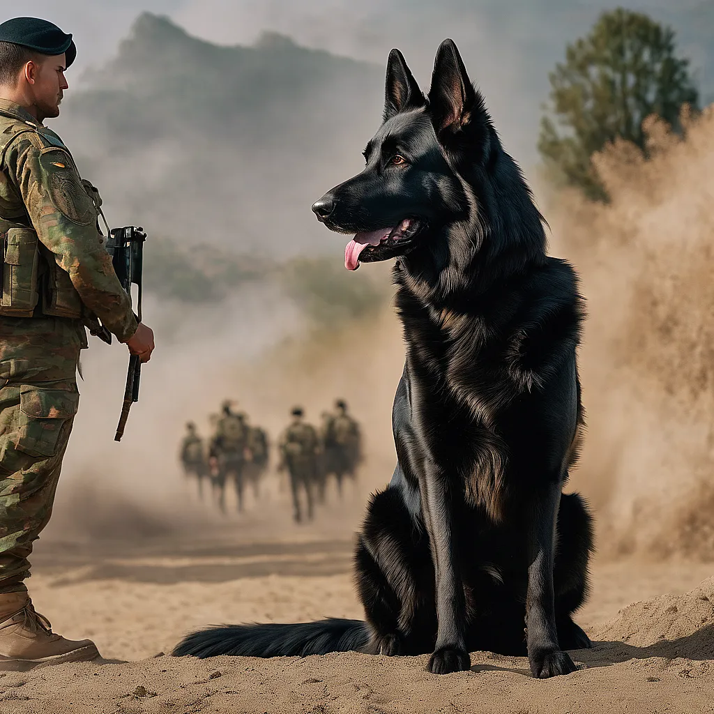 an army officer with black german shepherd