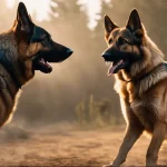 angry fight between german shepherd and wolf