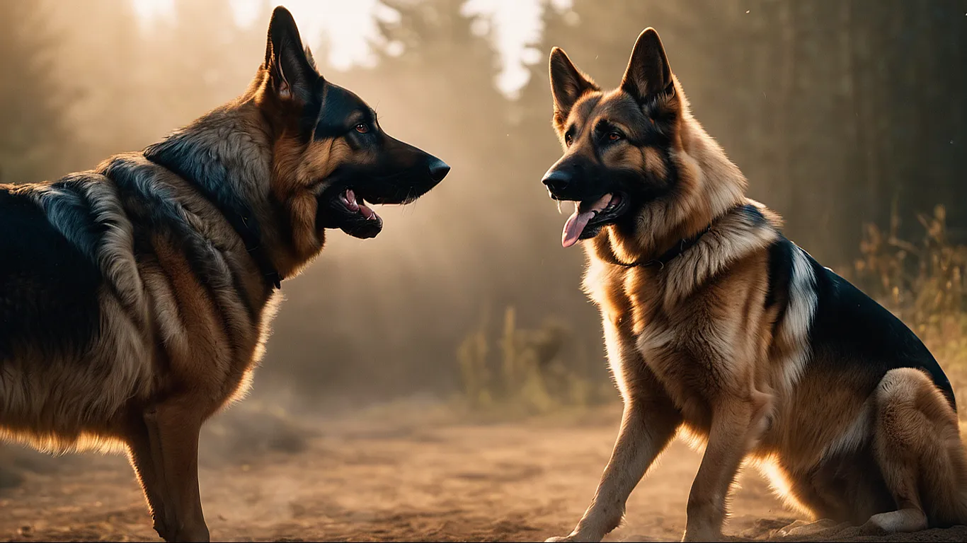 angry fight between german shepherd and wolf