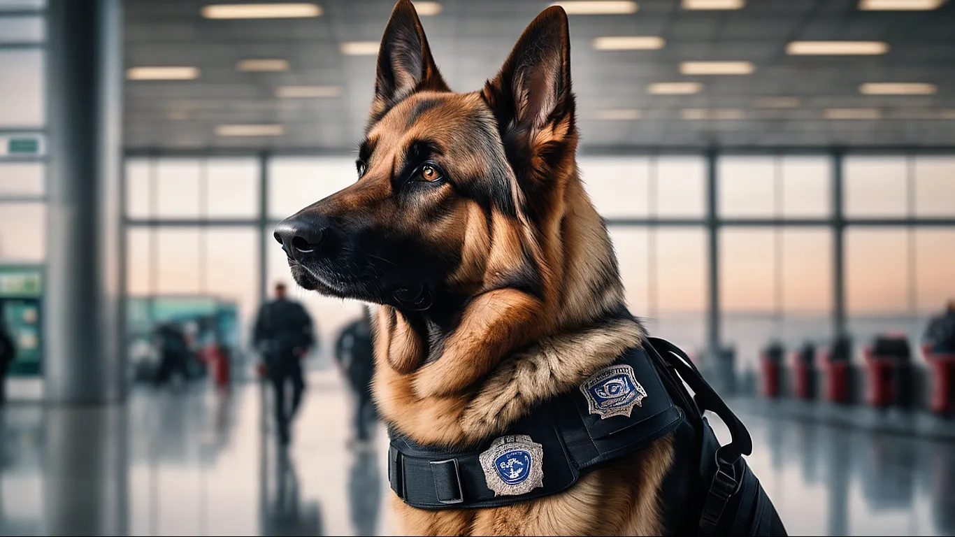 police dog german shepherd smelling bags at the airport