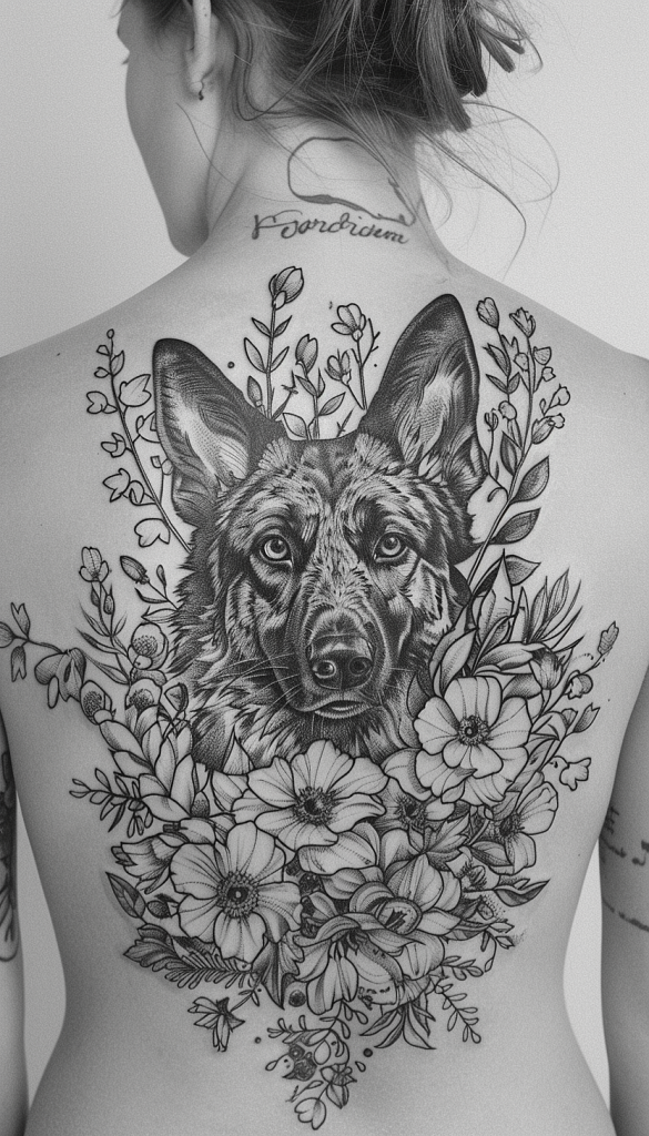 Detailed black and white back tattoo of a German Shepherd surrounded by flowers.