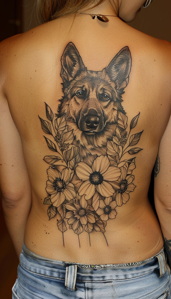 Tattoo of a German Shepherd and flowers on a person's back