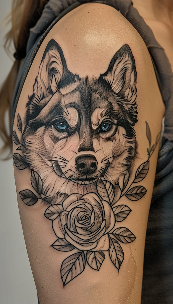 Tattoo of a German Shepherd and a rose on an upper arm