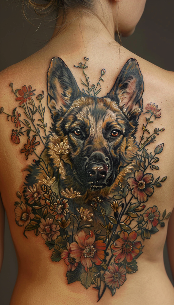 A vibrant and detailed back tattoo featuring a lifelike German Shepherd's face surrounded by an array of colorful, blooming flowers. The intricate design blends the strong, protective presence of the dog with the delicate beauty of the floral elements, creating a striking and meaningful piece of body art.