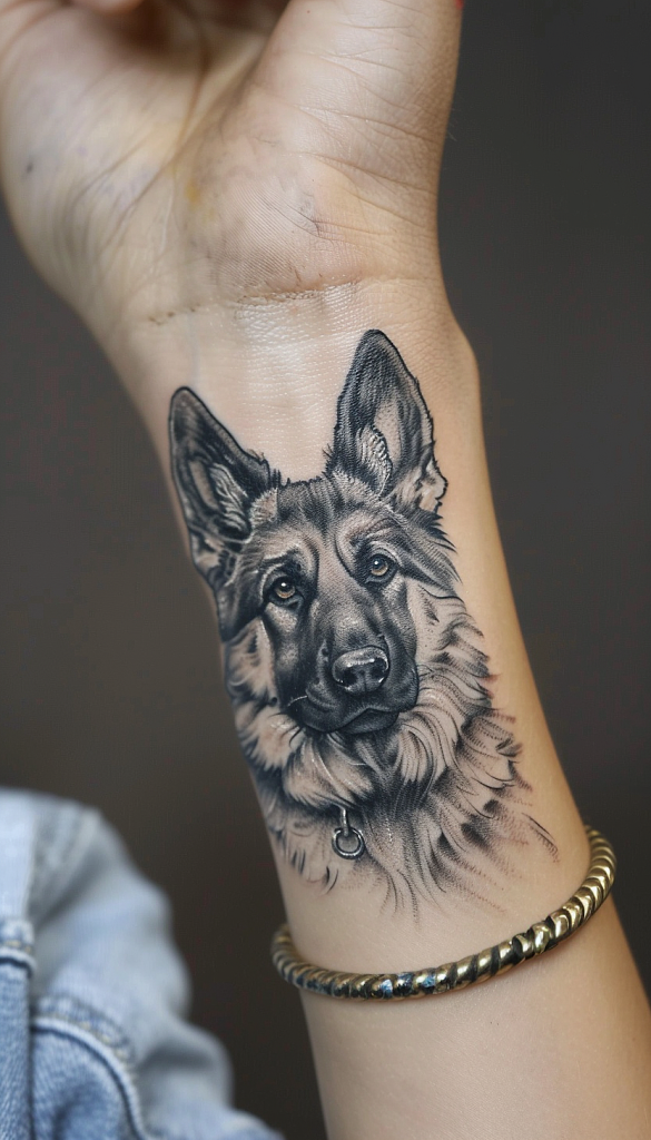 A detailed black and grey tattoo of a German Shepherd on a person's wrist, showcasing the dog's expressive eyes and fur texture.