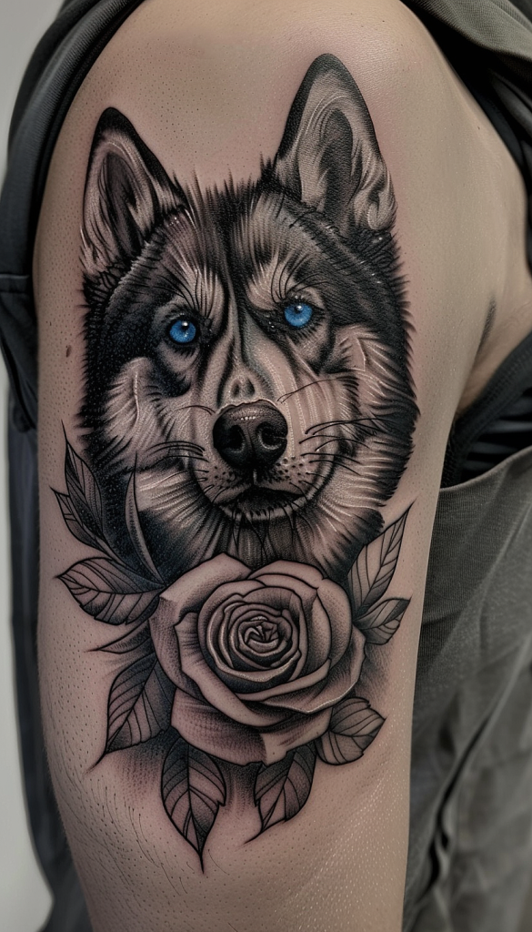 An arm tattoo featuring a detailed portrait of a german shepherd with striking blue eyes, complemented by a blooming rose below.