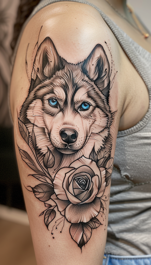 Detailed shoulder tattoo of a German Shepherd with blue eyes and a rose below.