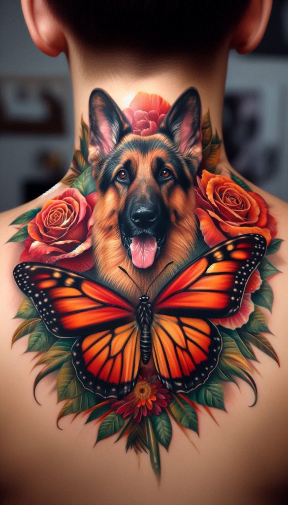 A tattoo depicting a dog and a butterfly on the back of a woman's neck, showcasing a blend of nature and companionship.