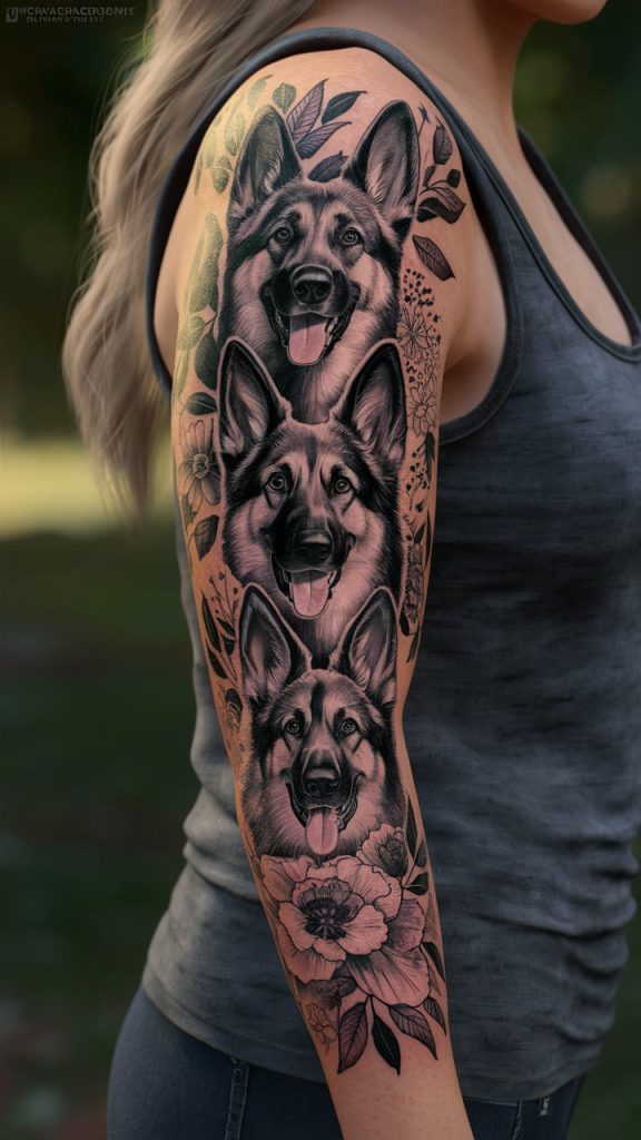 A person with a full-sleeve tattoo on their arm, featuring three German Shepherd dog portraits surrounded by floral and leaf designs