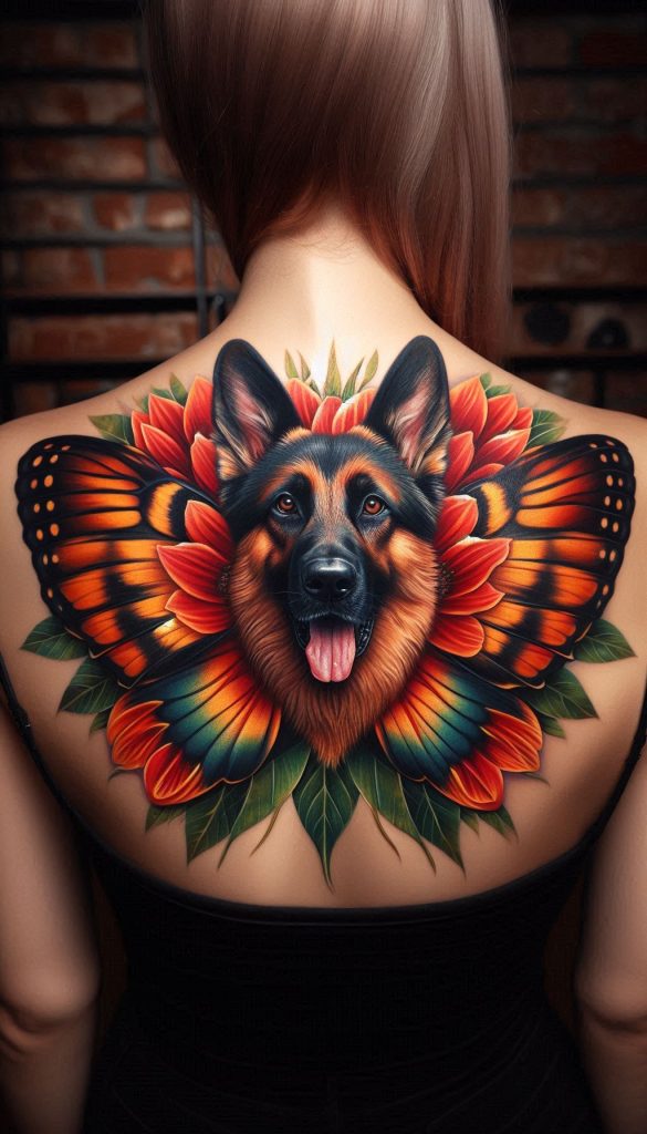 A woman displays a tattoo featuring a dog surrounded by vibrant flowers on her arm.