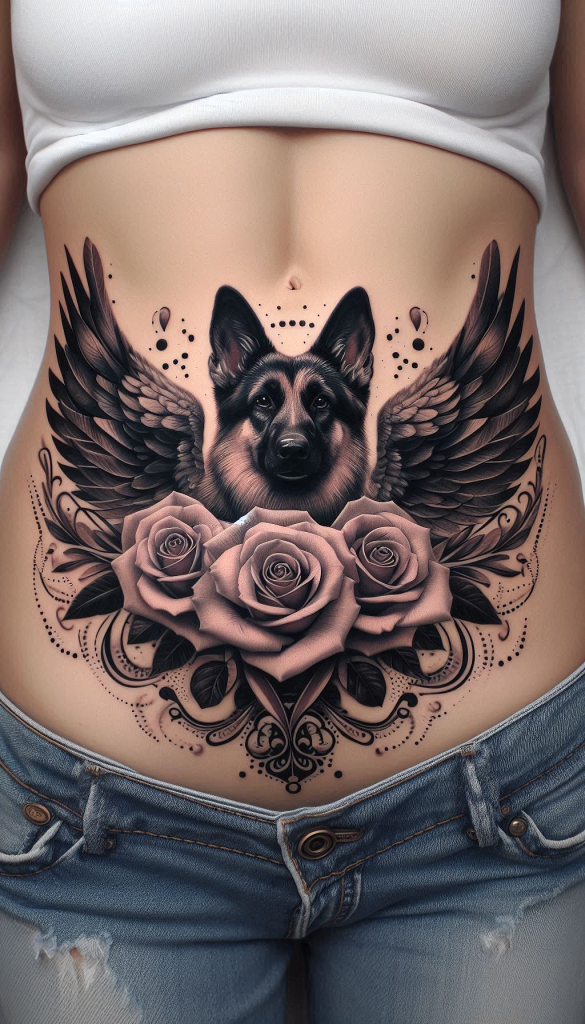 A woman with a dog tattoo on her stomach