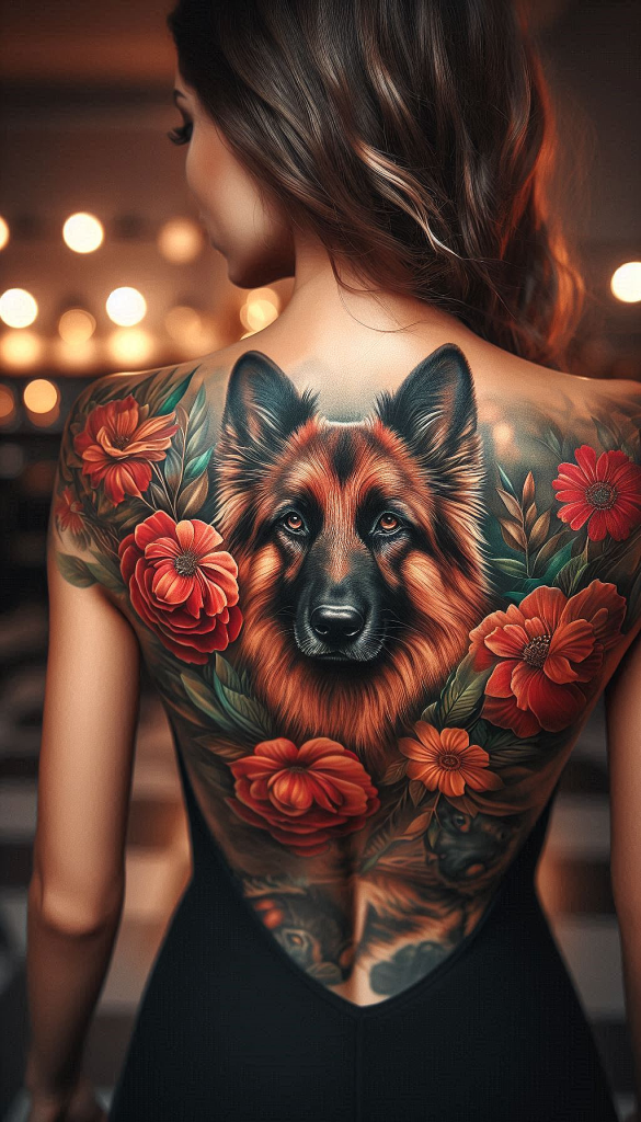 A woman with long hair showcasing an intricate back tattoo featuring a realistic German Shepherd portrait surrounded by red flowers.