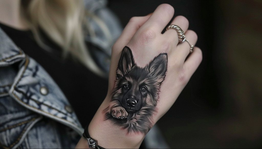 A realistic tattoo of a German Shepherd puppy's face and paw on a person's hand.