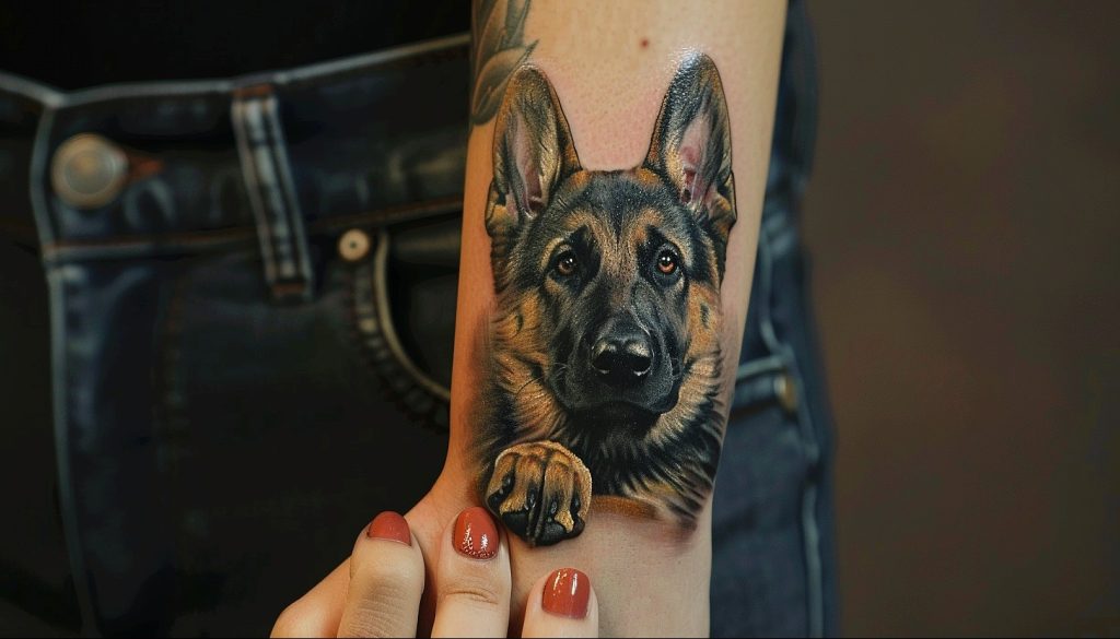 A realistic tattoo of a German Shepherd's face with paws on a person's forearm.