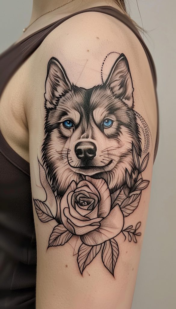 This image shows a detailed black and gray tattoo on someone's upper arm. The tattoo features the realistic head of a wolf or dog with striking blue eyes. The animal's face is surrounded by a large, detailed rose with intricate leaves. The tattoo appears to be a high-quality piece, likely done by a skilled artist, and emphasizes the animal's eyes and the texture of the fur. The combination of the animal and floral elements gives the tattoo a strong, yet soft and elegant appearance.