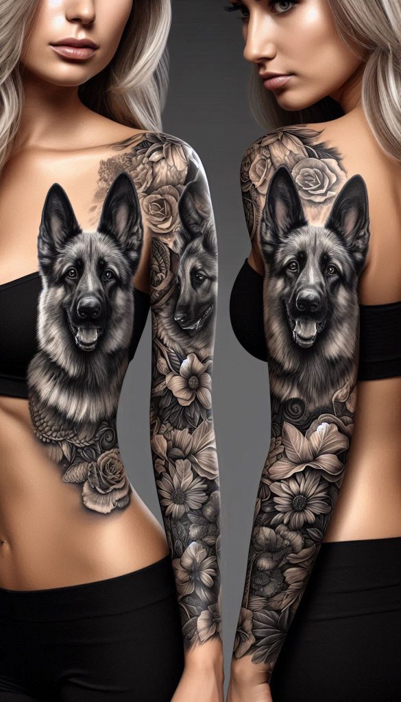 Woman with a full-sleeve tattoo featuring a German Shepherd dog surrounded by floral designs.