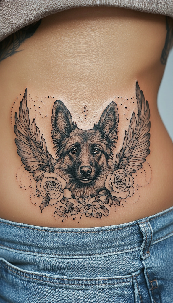 A woman's stomach with a tattoo of a dog on it