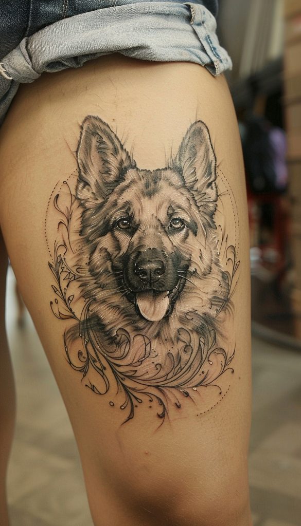 a tattoo of a dog on a leg