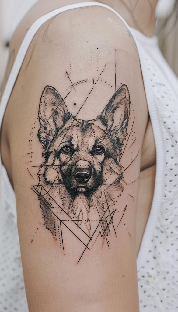 a tattoo of a dog on a person's arm with geometric outline