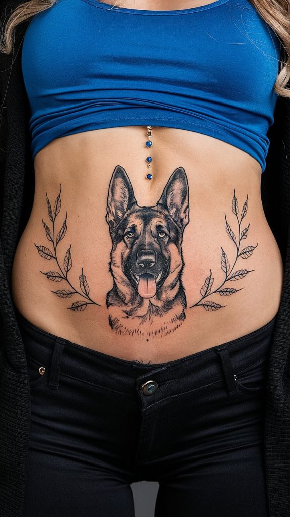 a tattoo of a dog on a woman's stomach