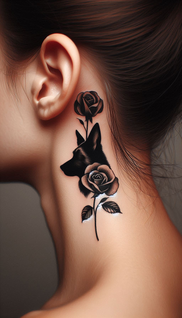 A close-up of a woman's neck reveals a tattoo of a dog surrounded by roses, symbolizing her love for pets and nature.