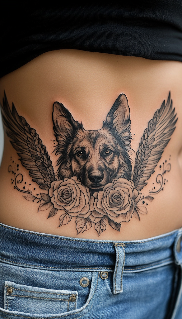 A woman's stomach with a tattoo of a dog on it