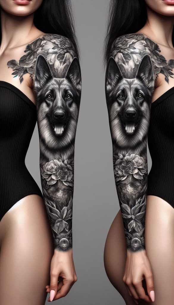 Woman with a full-sleeve tattoo featuring a realistic German Shepherd dog surrounded by detailed floral designs