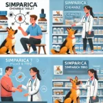 A person in a blue shirt sits next to a German Shepherd dog, pointing at a diagram of fleas and ticks on a bottle of Simparica Chewable Tablets.