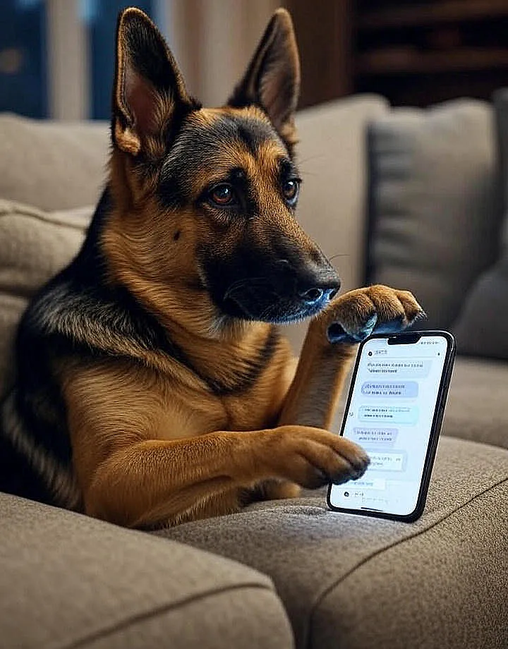 dog is texting his owner on smartphone
